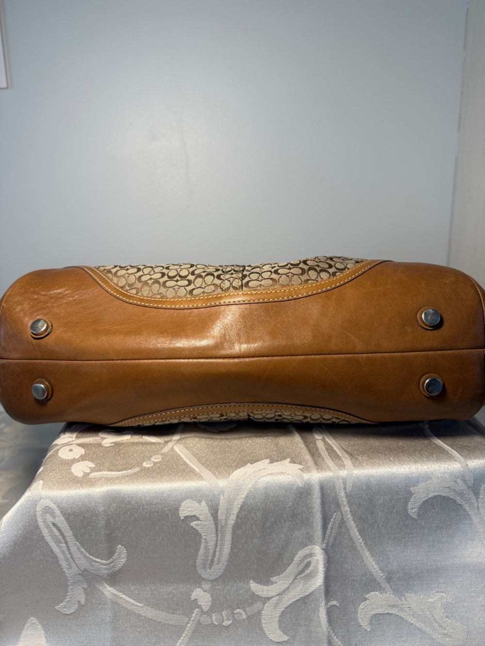 Coach Brown Signature Canvas Shoulder Satchel with Tan Leather Trim - Picture 4 of 13